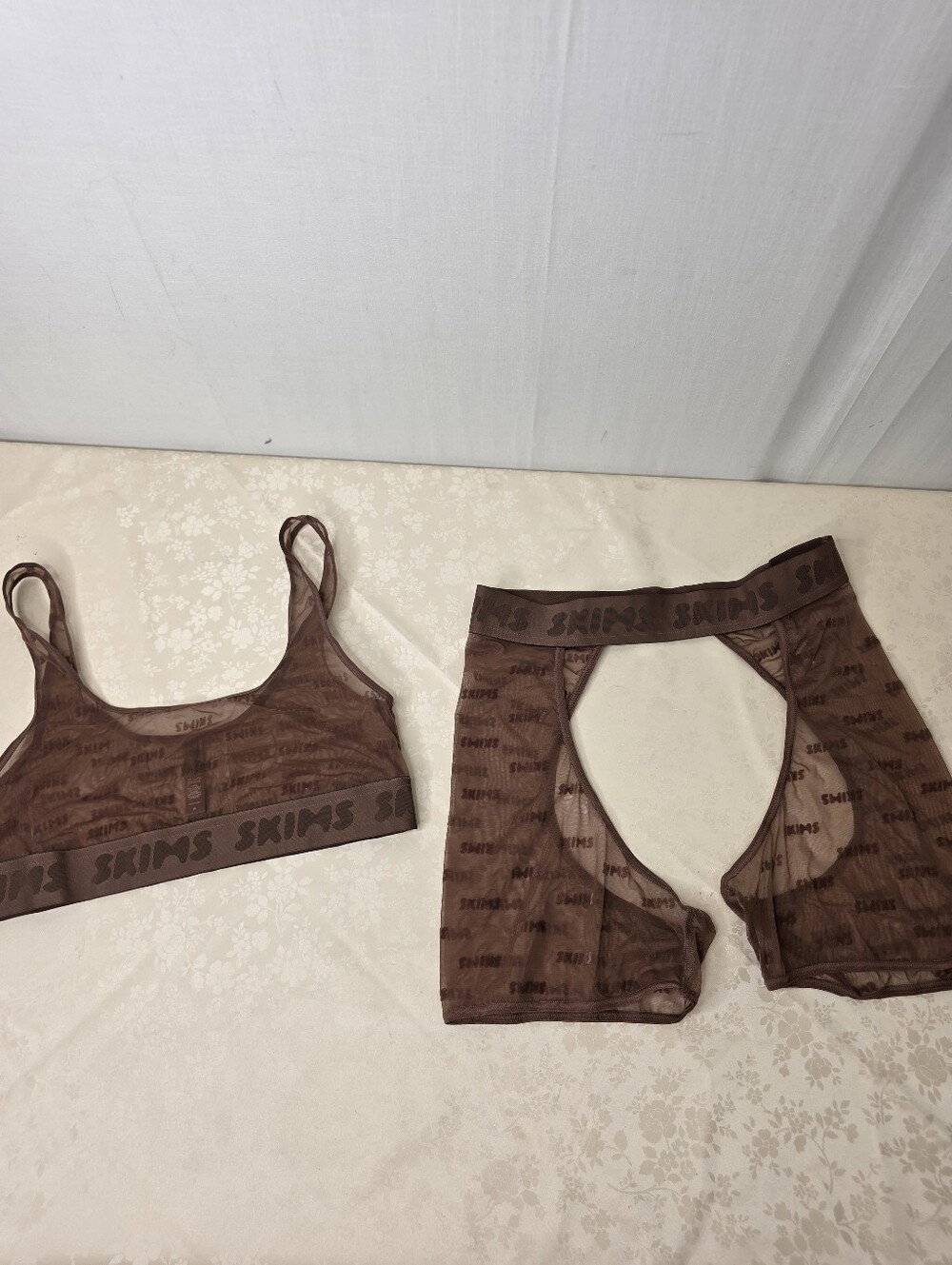 SKIMS After Hours Flocked Monogram Mesh Bralette & Open Cutout Short Set M